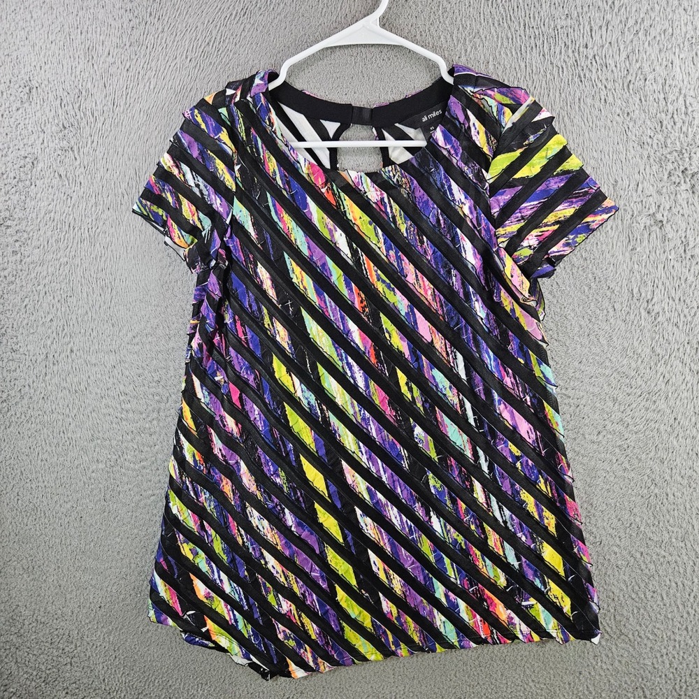 Ali Miles Womens XS Multi Color Abstract Mesh Stripe Keyhole Back Tunic Top